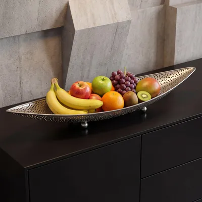Immagine prodotto di Ciotola ovale in argento per frutta, 60 cm, decorazione da tavolo, forma allungata. Moderna ciotola per frutta con base in metallo. Elegante ciotola decorativa, cestino per frutta, realizzata a mano