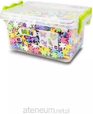 A clear, well-lit studio shot of a clear plastic container filled with colorful building blocks.
