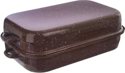 A brown speckled roasting pan with a lid, shown from a slightly elevated side angle on a white background.