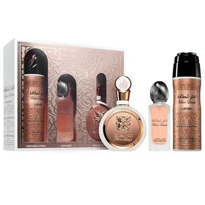 Produktbild von Lattafa Fakhar für Damen Geschenkset 100 ml Eau de Parfum + 200 ml Deo + 300 ml Raumspray 3 teilig