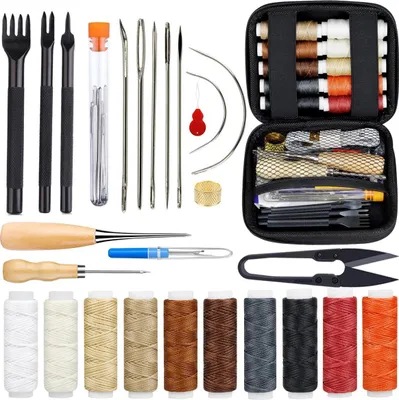Produktbild von Leder-Nähset, DIY-Leder-Handwerkswerkzeug-Set, Lederfaden, Wachsfaden mit Ledernadel, Nähahle, Fadenschere, Fingerhut, Maßband und Aufbewahrungstasche(B)