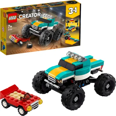 A LEGO Creator 3in1 set featuring a monster truck, a muscle car, and a dragster, shown both in its packaging and as built models.