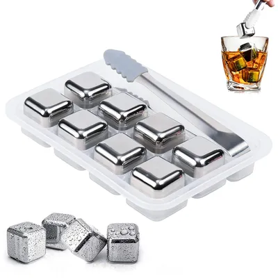 Productafbeelding van Whisky-koelstenen - Roestvrij staal - Herbruikbaar met siliconenclip - 8 stuks