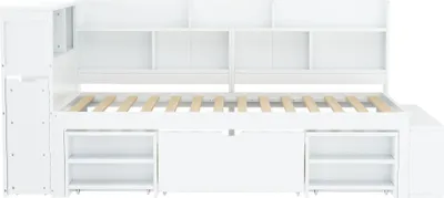 A white bed frame with storage and shelves is shown against a white background.
