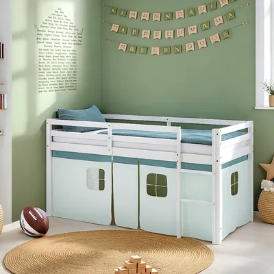 Produktbild von Homestyle4u Kinder Hochbett 90x200 Vorhang grün Kinderbett Weiß Holz Kiefer Massiv Stockbett
