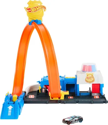 Produktbild von Hot Wheels City Super Polizeiwache-Spielset mit Spielzeug-Polizeiwagen im Maßstab 1:64 und anpassbarer Rennbahn mit Looping., Spielfahrzeugspur, 4 Jahr(e), Kunststoff, Mehrfarbig