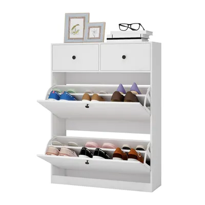 Image de Puluomis armoire à chaussures basculante avec 2 tiroirs et étagères réglables,24x80x106cm de hauteur avec protection anti-basculement, blanc