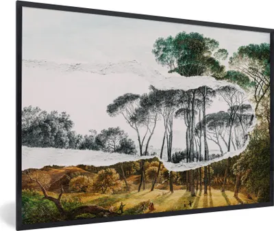 Produktbild von MuchoWow® Gerahmtes Poster Italienische Landschaft Schirmkiefern - Kunst - Hendrik Voogd - Malerei - Schwarz-Weiß - Alte Meister 60x40 cm - Poster mit Schwarzem Bilderrahmen Wandposter Rahmen Foto Bilder - Printing - Wanddeko Schlafzimmer