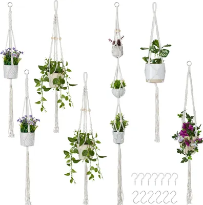 Produktbild von Relaxdays Makramee Blumenampel, 7er Set, Hängeampel Boho, verschiedene Größen, Pflanzenhalter innen, Baumwolle, creme
