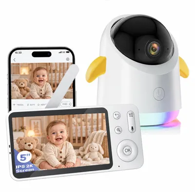 Zdjęcie produktu dla Monitory dla niemowląt z kamerą i aplikacją, 5-calowy ekran, połączenie Wi-Fi, regulowane światło nocne, wykrywanie ruchu, rozpoznawanie płaczu, tryb nocny
