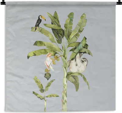 Produktbild von MuchoWow® Wandteppich Wandbehang Palme - Faultier - Tukan 150x150 cm Tapisserie Dekoration Wandtuch - Wohnaccessoires - Modernes