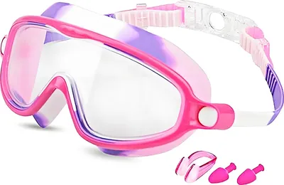 Produktbild von Schwimmbrille für Kinder, Antibeschlag-Poolbrille mit Nasenclips, Ohrstöpseln, UV-Schutz für Kinder, auslaufsichere Schwimmbrille