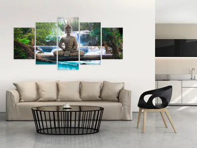 Produktbild von Akustikbild Buddha Landschaft 200x100 cm Bilder Akustikschaum Hochleistungsschallabsorber Schallschutz Leinwand 5 tlg Wandbild Raumakustik Schalldämmung c-A-0021-b-n