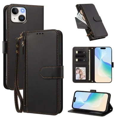 Obrázek produktu pro Peněženkové pouzdro pro iPhone 14/iPhone 13,Polyuretankožené pouzdro s přihrádkami na karty, stojánkem a poutkem na ruku Černá