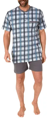 Produktbild von Herren Shorty Schlafanzug kurzarm mit Knopfleiste am Hals, Karo Optik -auch in Übergrössen ; grau , 50
