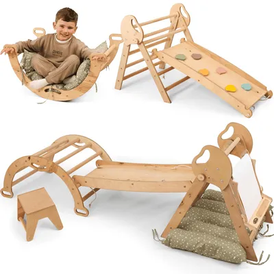 Produktbild von 5-in-1 Indoor Klettergerüst Holz mit Rutsche & Malset – Montessori Kletterdreieck ab 1 Jahr, Baby Kletterset, Kletterspielplatz