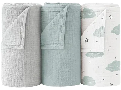 Immagine prodotto di Copertine per neonati in mussola - 100% cotone - Set da 3 - Motivo: nuvole