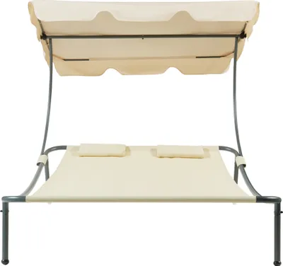A beige double lounge chair with a canopy, shown from the front on a white background.
