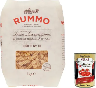 Produktbild von 12x Rummo Fusilli N. 48 Hartweizengrieß Pasta Italienische Nudeln 1kg Packung + Italian Gourmet Polpa di Pomodoro 400g Dose
