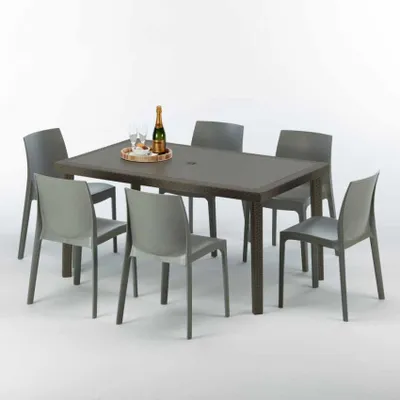 Produktbild von Polyrattan Tisch Rechteckig mit 6 Bunten Stühlen 150x90 Braun Focus