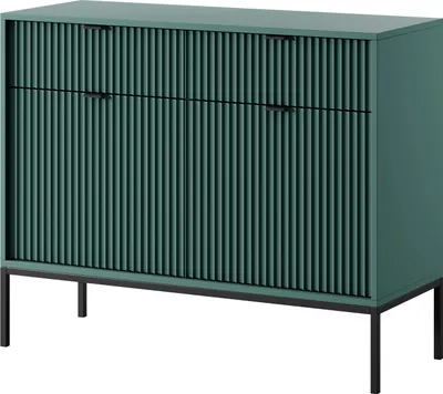 A green dresser with black legs and black handles against a white background.
