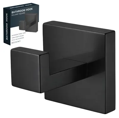 Obrázok produktu pre DELVANT SQUARE Držiak na Uterák s Háčikom Čierny Matný Nástenný Kúpeľňový Vešiak, Moderný Kúpeľňový Doplnok