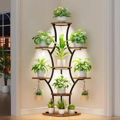 Image de Support de plantes d'angle avec lumières de croissance - Étagère à plantes intérieure de 52 pouces
