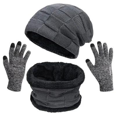 Produktbild von Wintermützen-Set mit Loop-Schal und Touchscreen-Handschuhen, Grau, 3-teilig