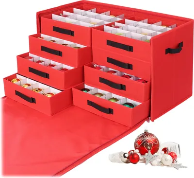 Obrázok produktu pre Relaxdays – krabica na vianočné gule, 128 gúľ, VxŠxH: 40 x 73 x 36,5 cm, polyester, lepenka, krabica na gule, červená