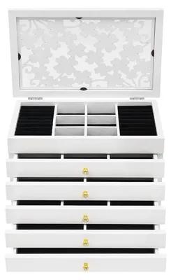 Produktbild von Schmuckkästchen - Schmuckbox mit Schubladen - 6 Ebenen - Große Holzschatulle - Samt Innenfutter - Halsketten Ohrringe Ringhalter - Für Damen - Weiß