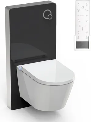 A modern wall-mounted toilet with a black back panel and a white toilet bowl, shown with a remote control.