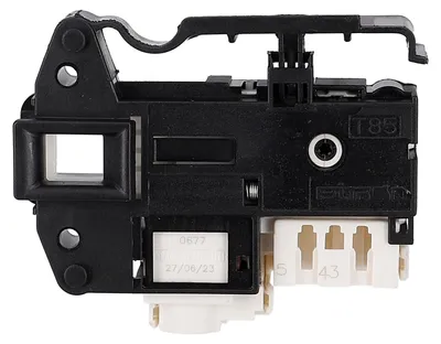 A close-up, studio shot of a washing machine door lock mechanism.