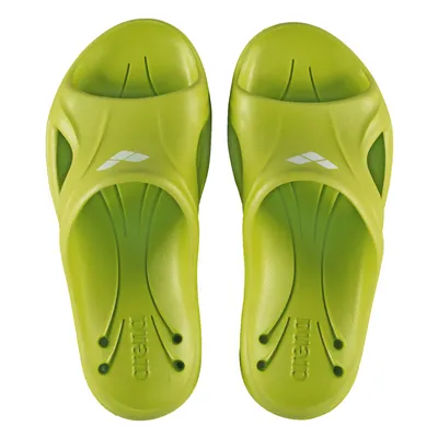 A top-down view of a pair of green Arena Badeschuhe Hydrosoft II Junior slides on a white background.