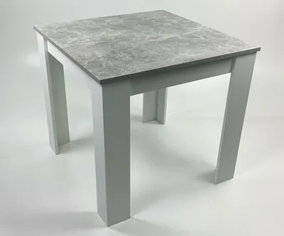 A square dining table with a gray stone-look top and white legs, shown against a white background.