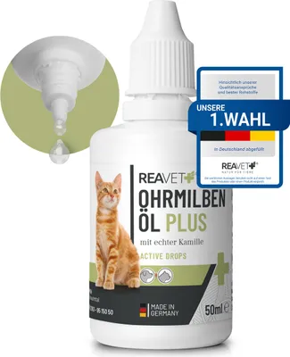 Produktbild von REAVET Ohrmilbenöl Plus 50ml sofort wirksames Mittel für Katzen & Hunde –gegen Ohrmilben mit Kamille für Hund & Katze, Sanfte Pflege bei Juckreiz im Ohr, Ohrentropfen Milben, Ohrenreiniger