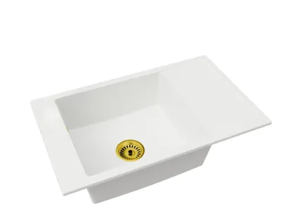 Produktbild von Granitspüle Einbecken mit Abtropffläche Luis – Weiß – Goldener Siphon