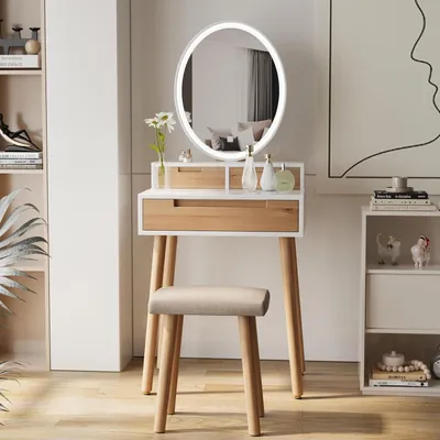 Zdjęcie produktu dla Toaletka z lustrem LED i taboretem, 3 szuflady, regulowana jasność, 60 cm, imitacja drewna dębowego