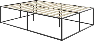 A bed frame with wooden slats on a white background.