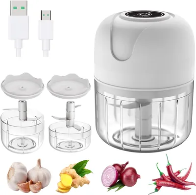 Produktbild von Elektrischer Zerkleinerer, Gemüseschneider, Mini Knoblauchhacker, Gemüsezerkleinerer für Knoblauch Gemüse Obst Knoblauchzerkleiner 100ml & 250ml