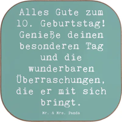 Produktbild von Mr. & Mrs. Panda Untersetzer Glas Spruch 10. Geburtstag Freude - Meeresbrise - Geschenk, Tischschoner, gläseruntersetzer, Alter, Tassenuntersetzer, Glückwunsch, zehnter