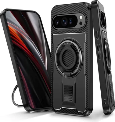 Image de Pour Google Pixel 9 Pro XL fibre de carbone anneau de support hybride TPU Cover Noir