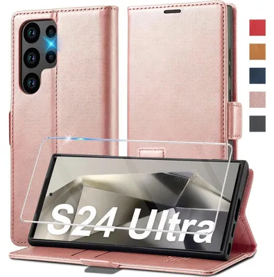 Productafbeelding van Telefoonkoffer van kunstleer, opklapbaar, voor Samsung Galaxy S24 Ultra 5G, roze, met beschermfolie