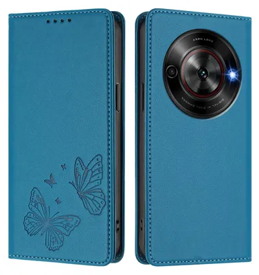 Produktbild von Lederhülle für ZTE Blade A75 5G, Schmetterling Prägung Leder Brieftasche Schutzhülle mit Ständer Blau
