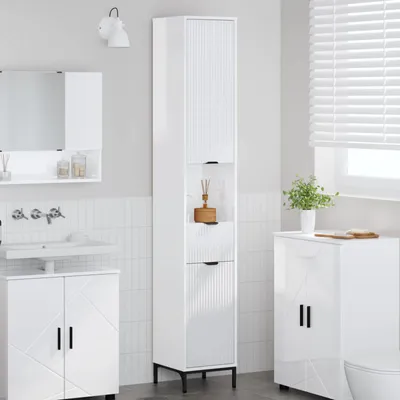 Image de Armoire de salle de bain exclusive, finition blanche haute brillance, dimensions : 31,5 x 33 x 190 cm