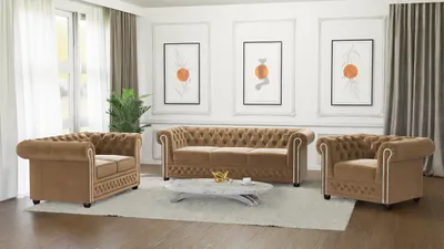 Produktbild von S-STYLE MÖBEL - Nox - Chesterfield Polstergarnitur mit Schlaffunktion 3+2+1 aus Beige Samt-Stoff mit Holzfüßen, B/T/H: 3er - 203 cm/ 86 cm / 72 cm