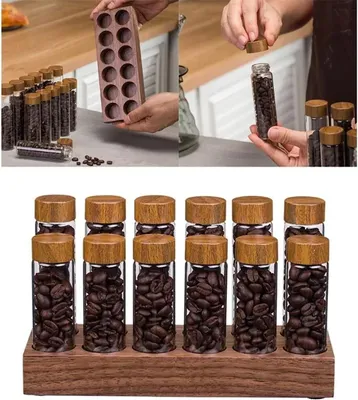 Produktbild von Espresso Bohnen Aufbewahrung 12 Röhrchen Glas, luftdicht mit Holzdeckel & Ständer, 2 oz Single Portion, für Kaffee & Tee