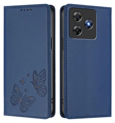 Produktbild von Lederhülle für Blackview Wave 8 /Wave 8C, Schmetterling Prägung Leder Brieftasche Schutzhülle mit Ständer Dunkelblau