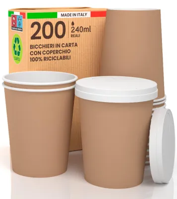 Produktbild von 200 Stück Papierbecher mit Deckeln 240ml