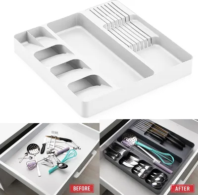 Produktbild von Multifunktions Küche Organizer Schubladen Besteckeinsatz Messerblock mit 5 Fächer Weiß