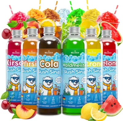 Produktbild von Belissia Slush Eis Sirup 6×250 ml Konzentrat | Sommer-Set  | Sehr ergiebig (1:5) für bis zu 9 L Slush-Eis | Glycerin frei | Knallige Farben